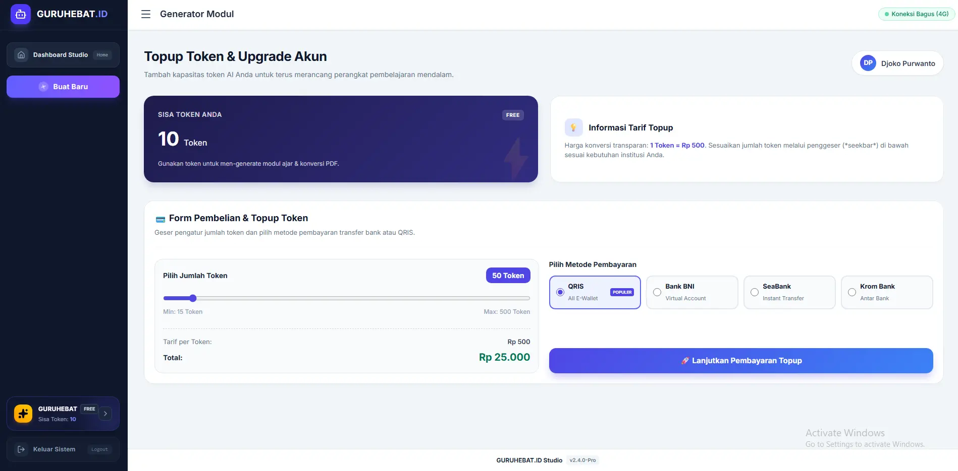 Tampilan Kemudahan Topup Token